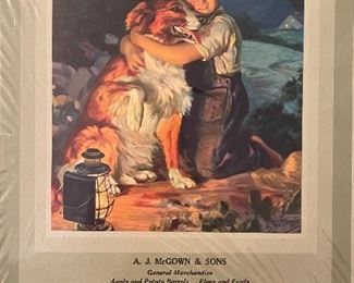 Antique Advertising Promotional Calendar
A.J. McGown General Merchandise 
Apple And Potato Barrels Flour And Feeds
Carmel Maine -1935
Subject- Young Boy With Lantern Hugging His Collie Dog