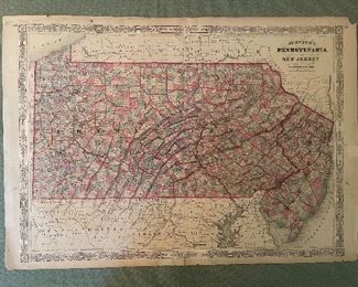 Very Early Johnson’s Hand Colored Pennsylvania  & New Jersey Map