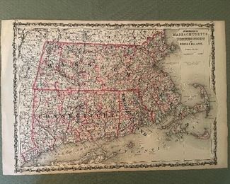 Early Hand Colored Map Of Massachusetts, Connecticut & Rhode Island