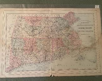Early Hand Colored Map Of Massachusetts, Connecticut & Rhode Island 