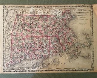 Very Early Johnson’s Hand Colored Map Of Massachusetts, Connecticut & Rhode Island 