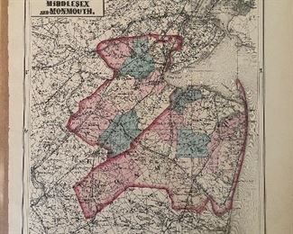 Early Hand Colored Map Of Middlesex & Monmouth Counties From Atlas Of New Jersey