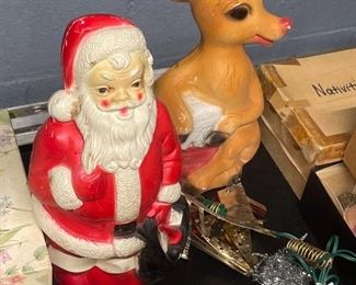 Vintage Tabletop Blow Mold Santa & Rare Reindeer