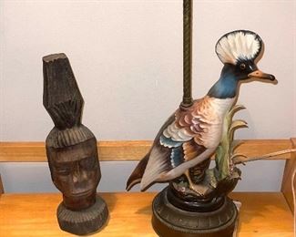 Vintage Pileated Woodpecker Lamp & Wooden Tribal Art Sculpture 