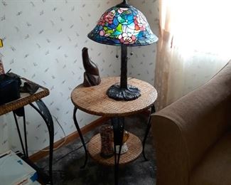 Rattan  side tables, pair of art glass lamps
