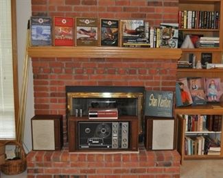 Tomlinson MCM upholstered sofa (72” long x 28.5/16” high x 33” deep) and matching chair (31” wide x 28.5/16” high x 32” deep), both with crisscross wooden back, Tomlinson Sophisticate MCM cocktail/bar/storage table 1950s (33” square x 23” high),  Ampex vintage 985a music center amp, tuner, reel to reel with Ampex 830 speakers and recorder accessory kit,  Madame Alexander doll (two) w/original box – Alice #1552, Madame Alexander doll w/original box – Heidi #1580, Madame Alexander doll w/original box – Netherlands #521, Madame Alexander doll w/original box - Poor Cinderella #1540, Wings of Texaco 1930 Travel Air Model R Mystery Ship NIB, Wings of Texaco 1931 Stearman Biplane NIB, Wings of Texaco Grumman Goose Airplane coin die cast metal bank NIB 4th in series, 
Wings of Texaco’s First Plane 1927 Ford Tri-Motored Monoplane NIB, books, Bachman trains and accessories N scale, bookends (alabaster, stone, marble, wooden, Snoopy)

