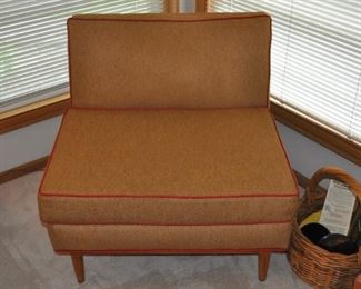 Tomlinson MCM upholstered sofa (72” long x 28.5/16” high x 33” deep) and matching chair (31” wide x 28.5/16” high x 32” deep), both with crisscross wooden back