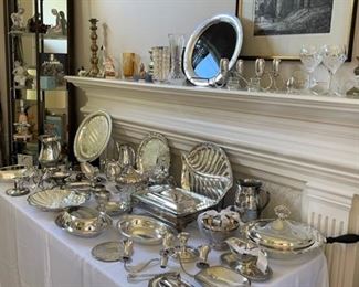 "JLR" Juventino (Juvento) Lopez Reyes pair of MCM sterling candelabras, B W Buenilum silver plate dish,  Towle/Rogers/Wilcox silver plate, brass candlesticks Nordstrom, art, Hummel, Goebel, Reed & Barton "Far East" sterling and black Lucite tray 14⅞" diameter, Stuart crystal set of 4 goblets, Towle silver plate “Melon” teapot, Waterford crystal, Wilcox silver plate “Apple” teapot (as seen) creamer/sugar
