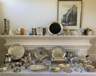 "JLR" Juventino (Juvento) Lopez Reyes pair of MCM sterling candelabras, B W Buenilum silver plate dish,  Towle/Rogers/Wilcox silver plate, brass candlesticks Nordstrom, art, Hummel, Goebel, Reed & Barton "Far East" sterling and black Lucite tray 14⅞" diameter, Stuart crystal set of 4 goblets, Towle silver plate “Melon” teapot, Waterford crystal, Wilcox silver plate “Apple” teapot (as seen) creamer/sugar

