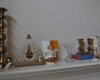 brass candlesticks, Goebel, Seiko clock, Hummel, crystal 1950s wedding toasting glasses, vintage Nancy Drew