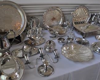 "JLR" Juventino (Juvento) Lopez Reyes pair of MCM sterling candelabras, B W Buenilum silver plate dish,  Towle/Rogers/Wilcox silver plate, brass candlesticks Nordstrom, art, Hummel, Goebel, Reed & Barton "Far East" sterling and black Lucite tray 14⅞" diameter, Stuart crystal set of 4 goblets, Towle silver plate “Melon” teapot, Waterford crystal, Wilcox silver plate “Apple” teapot (as seen) creamer/sugar
