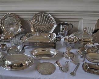 "JLR" Juventino (Juvento) Lopez Reyes pair of MCM sterling candelabras, B W Buenilum silver plate dish,  Towle/Rogers/Wilcox silver plate, brass candlesticks Nordstrom, art, Hummel, Goebel, Reed & Barton "Far East" sterling and black Lucite tray 14⅞" diameter, Stuart crystal set of 4 goblets, Towle silver plate “Melon” teapot, Waterford crystal, Wilcox silver plate “Apple” teapot (as seen) creamer/sugar
