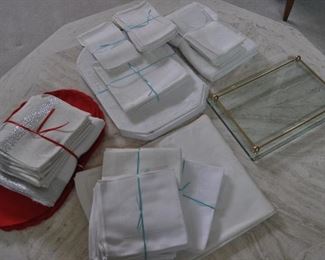 vintage Damask linens, heavy glass tray with brass rail