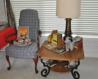 Ethan Allen (one of two) chairs, Stiffel lamp, vintage books, lamp table w/iron legs