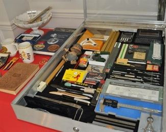 marble/alabaster pedestal bowl, Dietzgen Commander instruments made in USA, Elbert Hubbard’s Scrap Book 1923 leather, F-86 Saber collector card, Hewlett Packard 95LX palmtop computer, Mitutoyo digimatic caliper, Sharp ELSI MATE EL-8009S, and more!  Jewelry will be added on sale day.