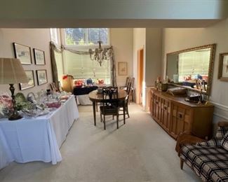 Henredon vintage 1963 oval dining table (60” long x 44” wide x 28.5” high) w/4 side chairs and 2 arm chairs and 3 leaves (16”), Drexel Heritage 1960s vintage MCM “Perennian” buffet credenza 1960s (76.25” wide x 31.5” high x 15-19” deep), crystal, lamps, porcelain, Steuben, Waterford, art, sterling, Lenox, Shelley, Gorham, Bunnykins, pair of vintage 1962 Seattle World’s Fair goblets with etched Space Needle amber base, Fitz & Floyd, depression glass, vintage Christmas, more... 