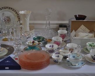 crystal, lamps, porcelain, Steuben, Waterford, art, sterling, Lenox, Shelley, Gorham, Bunnykins, pair of vintage 1962 Seattle World’s Fair goblets with etched Space Needle amber base, Fitz & Floyd, depression glass, Swarovski, English cups/saucers, crystal bells, Prague heavy lead crystal bowl