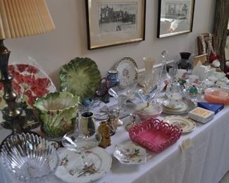 crystal, lamps, porcelain, Steuben, Waterford, art, sterling, Lenox, Shelley, Gorham, Bunnykins, pair of vintage 1962 Seattle World’s Fair goblets with etched Space Needle amber base, Fitz & Floyd, depression glass, Swarovski, English cups/saucers, crystal bells, Prague heavy lead crystal bowl