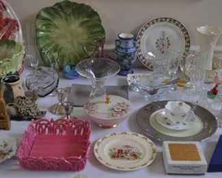 crystal, lamps, porcelain, Steuben, Waterford, art, sterling, Lenox, Shelley, Gorham, Bunnykins, pair of vintage 1962 Seattle World’s Fair goblets with etched Space Needle amber base, Fitz & Floyd, depression glass, Swarovski, English cups/saucers, crystal bells, Prague heavy lead crystal bowl