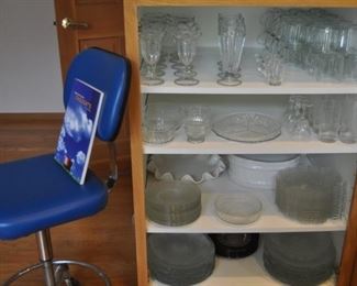 Ajusto vintage lab/drafting stool chair blue vinyl w/chrome legs and foot rests, glass dinnerware, crystal, sundae glasses, Arocroc Classique mugs