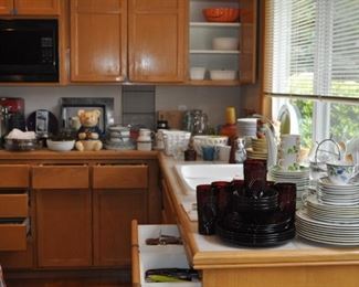 All-Clad gourmet 12qt multi-cooker w/two steamer baskets and lid NIB, Arcoroc Classique glass mugs, Belgique cookware, cookbooks, Cristal D'arques-Durand red pressed glass plates, glasses, Dansk Bistro Christianshavn set of four blue/white flat coffee/tea mugs, Dansk Flora, Farberware cookware, Farberware vintage Country Crock #266 NIB, FSP chrome bowls for electric stove NIB, Hamilton Beach vintage avocado green electric NIB, kitchen gadgets, Kitchenaid hand mixer, Krups coffee grinder, Krups Universal folding electric kitchen slicer, Maxim electric crepe maker, Mikasa Sunny Window 1976 china, Nordic Ware muffin popover pan NIP, Nordic Ware Tender Cooker, Oasis Collection Giftcraft red flower green trim dinnerware from Molbaks, Royal Worcester Pastorale china, Presto 11” electric skillet w/glass cover, Pyrex clear baking dishes, Revere Ware cookware, Sears Tradition USA stainless flatware “Fiamma”, The Pampered Chef springform pan set, Sunbeam vintage waffle iron,Tupperware Spin and S