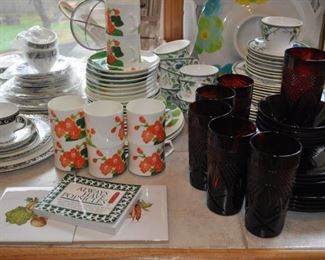 All-Clad gourmet 12qt multi-cooker w/two steamer baskets and lid NIB, Arcoroc Classique glass mugs, Belgique cookware, cookbooks, Cristal D'arques-Durand red pressed glass plates, glasses, Dansk Bistro Christianshavn set of four blue/white flat coffee/tea mugs, Dansk Flora, Farberware cookware, Farberware vintage Country Crock #266 NIB, FSP chrome bowls for electric stove NIB, Hamilton Beach vintage avocado green electric NIB, kitchen gadgets, Kitchenaid hand mixer, Krups coffee grinder, Krups Universal folding electric kitchen slicer, Maxim electric crepe maker, Mikasa Sunny Window 1976 china, Nordic Ware muffin popover pan NIP, Nordic Ware Tender Cooker, Oasis Collection Giftcraft red flower green trim dinnerware from Molbaks, Royal Worcester Pastorale china, Presto 11” electric skillet w/glass cover, Pyrex clear baking dishes, Revere Ware cookware, Sears Tradition USA stainless flatware “Fiamma”, The Pampered Chef springform pan set, Sunbeam vintage waffle iron,Tupperware Spin and S