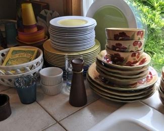 All-Clad gourmet 12qt multi-cooker w/two steamer baskets and lid NIB, Arcoroc Classique glass mugs, Belgique cookware, cookbooks, Cristal D'arques-Durand red pressed glass plates, glasses, Dansk Bistro Christianshavn set of four blue/white flat coffee/tea mugs, Dansk Flora, Farberware cookware, Farberware vintage Country Crock #266 NIB, FSP chrome bowls for electric stove NIB, Hamilton Beach vintage avocado green electric NIB, kitchen gadgets, Kitchenaid hand mixer, Krups coffee grinder, Krups Universal folding electric kitchen slicer, Maxim electric crepe maker, Mikasa Sunny Window 1976 china, Nordic Ware muffin popover pan NIP, Nordic Ware Tender Cooker, Oasis Collection Giftcraft red flower green trim dinnerware from Molbaks, Royal Worcester Pastorale china, Presto 11” electric skillet w/glass cover, Pyrex clear baking dishes, Revere Ware cookware, Sears Tradition USA stainless flatware “Fiamma”, The Pampered Chef springform pan set, Sunbeam vintage waffle iron,Tupperware Spin and S