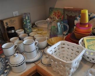 All-Clad gourmet 12qt multi-cooker w/two steamer baskets and lid NIB, Arcoroc Classique glass mugs, Belgique cookware, cookbooks, Cristal D'arques-Durand red pressed glass plates, glasses, Dansk Bistro Christianshavn set of four blue/white flat coffee/tea mugs, Dansk Flora, Farberware cookware, Farberware vintage Country Crock #266 NIB, FSP chrome bowls for electric stove NIB, Hamilton Beach vintage avocado green electric NIB, kitchen gadgets, Kitchenaid hand mixer, Krups coffee grinder, Krups Universal folding electric kitchen slicer, Maxim electric crepe maker, Mikasa Sunny Window 1976 china, Nordic Ware muffin popover pan NIP, Nordic Ware Tender Cooker, Oasis Collection Giftcraft red flower green trim dinnerware from Molbaks, Royal Worcester Pastorale china, Presto 11” electric skillet w/glass cover, Pyrex clear baking dishes, Revere Ware cookware, Sears Tradition USA stainless flatware “Fiamma”, The Pampered Chef springform pan set, Sunbeam vintage waffle iron,Tupperware Spin and S