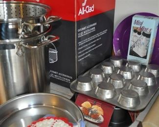 All-Clad gourmet 12qt multi-cooker w/two steamer baskets and lid NIB, Arcoroc Classique glass mugs, Belgique cookware, cookbooks, Cristal D'arques-Durand red pressed glass plates, glasses, Dansk Bistro Christianshavn set of four blue/white flat coffee/tea mugs, Dansk Flora, Farberware cookware, Farberware vintage Country Crock #266 NIB, FSP chrome bowls for electric stove NIB, Hamilton Beach vintage avocado green electric NIB, kitchen gadgets, Kitchenaid hand mixer, Krups coffee grinder, Krups Universal folding electric kitchen slicer, Maxim electric crepe maker, Mikasa Sunny Window 1976 china, Nordic Ware muffin popover pan NIP, Nordic Ware Tender Cooker, Oasis Collection Giftcraft red flower green trim dinnerware from Molbaks, Royal Worcester Pastorale china, Presto 11” electric skillet w/glass cover, Pyrex clear baking dishes, Revere Ware cookware, Sears Tradition USA stainless flatware “Fiamma”, The Pampered Chef springform pan set, Sunbeam vintage waffle iron,Tupperware Spin and S