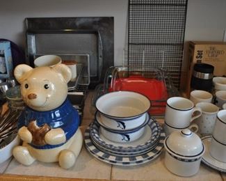 All-Clad gourmet 12qt multi-cooker w/two steamer baskets and lid NIB, Arcoroc Classique glass mugs, Belgique cookware, cookbooks, Cristal D'arques-Durand red pressed glass plates, glasses, Dansk Bistro Christianshavn set of four blue/white flat coffee/tea mugs, Dansk Flora, Farberware cookware, Farberware vintage Country Crock #266 NIB, FSP chrome bowls for electric stove NIB, Hamilton Beach vintage avocado green electric NIB, kitchen gadgets, Kitchenaid hand mixer, Krups coffee grinder, Krups Universal folding electric kitchen slicer, Maxim electric crepe maker, Metlox vintage cookie jar bear, Mikasa Sunny Window 1976 china, Nordic Ware muffin popover pan NIP, Nordic Ware Tender Cooker, Oasis Collection Giftcraft red flower green trim dinnerware from Molbaks, Royal Worcester Pastorale china, Presto 11” electric skillet w/glass cover, Pyrex clear baking dishes, Revere Ware cookware, Sears Tradition USA stainless flatware “Fiamma”, The Pampered Chef springform pan set, Sunbeam vintage w