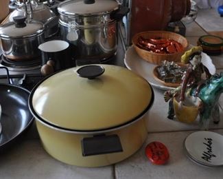 All-Clad gourmet 12qt multi-cooker w/two steamer baskets and lid NIB, Arcoroc Classique glass mugs, Belgique cookware, cookbooks, Cristal D'arques-Durand red pressed glass plates, glasses, Dansk Bistro Christianshavn set of four blue/white flat coffee/tea mugs, Dansk Flora, Farberware cookware, Farberware vintage Country Crock #266 NIB, FSP chrome bowls for electric stove NIB, Hamilton Beach vintage avocado green electric NIB, kitchen gadgets, Kitchenaid hand mixer, Krups coffee grinder, Krups Universal folding electric kitchen slicer, Maxim electric crepe maker, Mikasa Sunny Window 1976 china, Nordic Ware muffin popover pan NIP, Nordic Ware Tender Cooker, Oasis Collection Giftcraft red flower green trim dinnerware from Molbaks, Royal Worcester Pastorale china, Presto 11” electric skillet w/glass cover, Pyrex clear baking dishes, Revere Ware cookware, Sears Tradition USA stainless flatware “Fiamma”, The Pampered Chef springform pan set, Sunbeam vintage waffle iron,Tupperware Spin and S