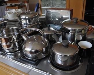 All-Clad gourmet 12qt multi-cooker w/two steamer baskets and lid NIB, Arcoroc Classique glass mugs, Belgique cookware, cookbooks, Cristal D'arques-Durand red pressed glass plates, glasses, Dansk Bistro Christianshavn set of four blue/white flat coffee/tea mugs, Dansk Flora, Farberware cookware, Farberware vintage Country Crock #266 NIB, FSP chrome bowls for electric stove NIB, Hamilton Beach vintage avocado green electric NIB, kitchen gadgets, Kitchenaid hand mixer, Krups coffee grinder, Krups Universal folding electric kitchen slicer, Maxim electric crepe maker, Mikasa Sunny Window 1976 china, Nordic Ware muffin popover pan NIP, Nordic Ware Tender Cooker, Oasis Collection Giftcraft red flower green trim dinnerware from Molbaks, Royal Worcester Pastorale china, Presto 11” electric skillet w/glass cover, Pyrex clear baking dishes, Revere Ware cookware, Sears Tradition USA stainless flatware “Fiamma”, The Pampered Chef springform pan set, Sunbeam vintage waffle iron,Tupperware Spin and S