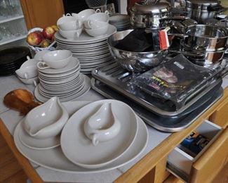 All-Clad gourmet 12qt multi-cooker w/two steamer baskets and lid NIB, Arcoroc Classique glass mugs, Belgique cookware, cookbooks, Cristal D'arques-Durand red pressed glass plates, glasses, Dansk Bistro Christianshavn set of four blue/white flat coffee/tea mugs, Dansk Flora, Farberware cookware, Farberware vintage Country Crock #266 NIB, FSP chrome bowls for electric stove NIB, Hamilton Beach vintage avocado green electric NIB, kitchen gadgets, Kitchenaid hand mixer, Krups coffee grinder, Krups Universal folding electric kitchen slicer, Maxim electric crepe maker, Mikasa Sunny Window 1976 china, Nordic Ware muffin popover pan NIP, Nordic Ware Tender Cooker, Oasis Collection Giftcraft red flower green trim dinnerware from Molbaks, Royal Worcester Pastorale china, Presto 11” electric skillet w/glass cover, Pyrex clear baking dishes, Revere Ware cookware, Sears Tradition USA stainless flatware “Fiamma”, The Pampered Chef springform pan set, Sunbeam vintage waffle iron,Tupperware Spin and S