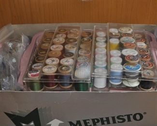 Box of sewing items, thread, trims, buttons
