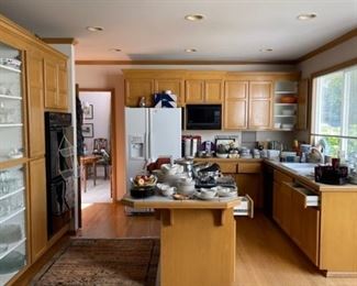 All-Clad gourmet 12qt multi-cooker w/two steamer baskets and lid NIB, Arcoroc Classique glass mugs, Belgique cookware, cookbooks, Cristal D'arques-Durand red pressed glass plates, glasses, Dansk Bistro Christianshavn set of four blue/white flat coffee/tea mugs, Dansk Flora, Farberware cookware, Farberware vintage Country Crock #266 NIB, FSP chrome bowls for electric stove NIB, Hamilton Beach vintage avocado green electric NIB, kitchen gadgets, Kitchenaid hand mixer, Krups coffee grinder, Krups Universal folding electric kitchen slicer, Maxim electric crepe maker, Mikasa Sunny Window 1976 china, Nordic Ware muffin popover pan NIP, Nordic Ware Tender Cooker, Oasis Collection Giftcraft red flower green trim dinnerware from Molbaks, Royal Worcester Pastorale china, Presto 11” electric skillet w/glass cover, Pyrex clear baking dishes, Revere Ware cookware, Sears Tradition USA stainless flatware “Fiamma”, The Pampered Chef springform pan set, Sunbeam vintage waffle iron,Tupperware Spin and S