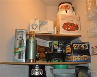 All-Clad gourmet 12qt multi-cooker w/two steamer baskets and lid NIB, Arcoroc Classique glass mugs, Belgique cookware, cookbooks, Cristal D'arques-Durand red pressed glass plates, glasses, Dansk Bistro Christianshavn set of four blue/white flat coffee/tea mugs, Dansk Flora, Farberware cookware, Farberware vintage Country Crock #266 NIB, FSP chrome bowls for electric stove NIB, Hamilton Beach vintage avocado green electric NIB, kitchen gadgets, Kitchenaid hand mixer, Krups coffee grinder, Krups Universal folding electric kitchen slicer, Maxim electric crepe maker, Mikasa Sunny Window 1976 china, Nordic Ware muffin popover pan NIP, Nordic Ware Tender Cooker, Oasis Collection Giftcraft red flower green trim dinnerware from Molbaks, Royal Worcester Pastorale china, Presto 11” electric skillet w/glass cover, Pyrex clear baking dishes, Revere Ware cookware, Sears Tradition USA stainless flatware “Fiamma”, The Pampered Chef springform pan set, Sunbeam vintage waffle iron,Tupperware Spin and S