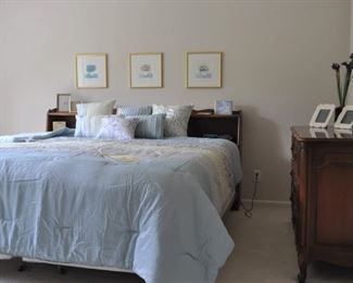 Dixon-Powdermaker “The Orleans Collection” dresser (54” wide x 32” high x 21.5” deep), Dixon-Powdermaker “The Orleans Collection” king size headboard (78.75” wide x 37.5” high x 10” deep) and bed frame,  Dixon-Powdermaker “The Orleans Collection” vintage vanity/desk (48” wide x 30” high x 21” deep) with matching stool (18.5” diameter x 17” high) purchased November 1954 from Frederick & Nelson