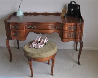 Dixon-Powdermaker “The Orleans Collection” dresser (54” wide x 32” high x 21.5” deep), Dixon-Powdermaker “The Orleans Collection” king size headboard (78.75” wide x 37.5” high x 10” deep) and bed frame,  Dixon-Powdermaker “The Orleans Collection” vintage vanity/desk (48” wide x 30” high x 21” deep) with matching stool (18.5” diameter x 17” high) purchased November 1954 from Frederick & Nelson