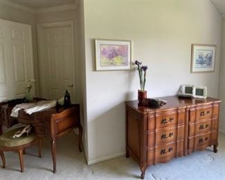 Dixon-Powdermaker “The Orleans Collection” dresser (54” wide x 32” high x 21.5” deep), Dixon-Powdermaker “The Orleans Collection” king size headboard (78.75” wide x 37.5” high x 10” deep) and bed frame,  Dixon-Powdermaker “The Orleans Collection” vintage vanity/desk (48” wide x 30” high x 21” deep) with matching stool (18.5” diameter x 17” high) purchased November 1954 from Frederick & Nelson