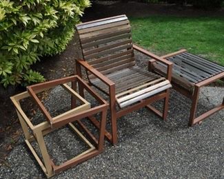 outdoor patio set, DCS barbecue, vintage cast iron 2' square umbrella stand, adjustable umbrella, pots and planters, windchime