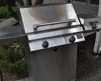 outdoor patio set, DCS barbecue, vintage cast iron 2' square umbrella stand, adjustable umbrella, pots and planters, windchime