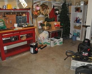 auto wash/detail supplies, Black & Decker Edge Hog, Black & Decker hedge trimmer, Black & Decker Mouse electric sander/polisher, Bryant outdoor lighting NIB, Chicago 19.2v cordless reciprocating saw NIB, Corian (Dawn Beige) slab 6’ tall, Corona Compound Action Tree Pruner, Craftsman 14 Amp 1300psi high pressure washer, extension cords, extra-large Christmas tree storage bag (w/tree), garden soil/fertilizer/chemicals, garden tools, General Moisture test meter #329, hose/hose reel, Igloo Elite Series ½ gallon water jug, Igloo Playmate cooler, Igloo Wheelie-Cool 42qt cooler, Makita battery drill w/charger and case, pots and planters – ceramic/terra cotta/plastic/brass, several sizes of garden pots, Shop-vac 3.0, Stack-On red Professional Steel Workbench w/back wall storage, Suncast Hosemobile, Wheelbarrow True Temper, WORX TriVac 12 Amp All-in-One Compact Blower/Mulcher/Vacuum