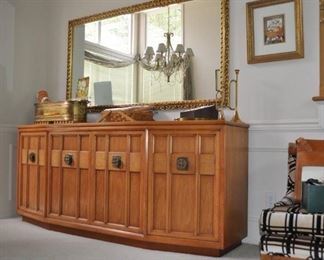 Drexel Heritage 1960s vintage MCM “Perennian” buffet credenza 1960s (76.25” wide x 31.5” high x 15-19” deep), Tomlinson Sophisticate MCM slipper chair 1958 (29” wide x 26/14” high x 28” deep)