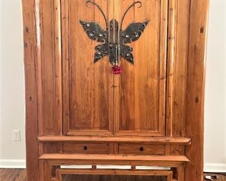 Antique Pine Asian Inspired Butterfly Cabinet.69"H, 47"L an 21"D.. $750.00