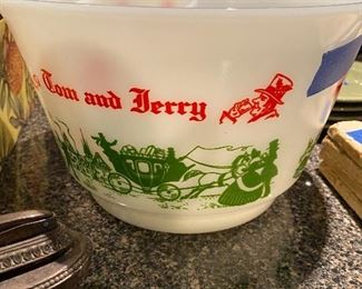 Antique Milk glass tom and Jerry punch bowl with cups 