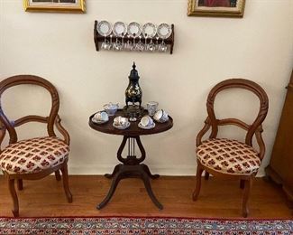 Matching Victorian balloon back chairs
Antique “Harp” table