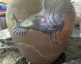 Silver and bronze Crane vase - Japanese and signed