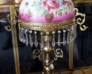 Antique Ornate Figural Cherub Victorian Parlor Oil Banquet Lamp, Converted To Electric, 38" Tall, Floral Glass Shade 14" Diameter, Powers On