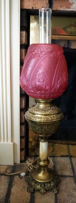 Antique Oil Lamp With Marble Stem And Frosted Cranberry Glass Shade, Converted To Electric, 31" Tall, Powers On