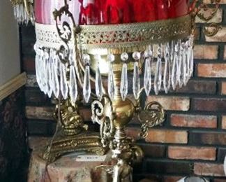 Antique Ornate Figural Cherub Victorian Parlor Oil Banquet Lamp, Converted To Electric, 38" Tall, Ruby Red Glass Shade, 14" Diameter, Powers On